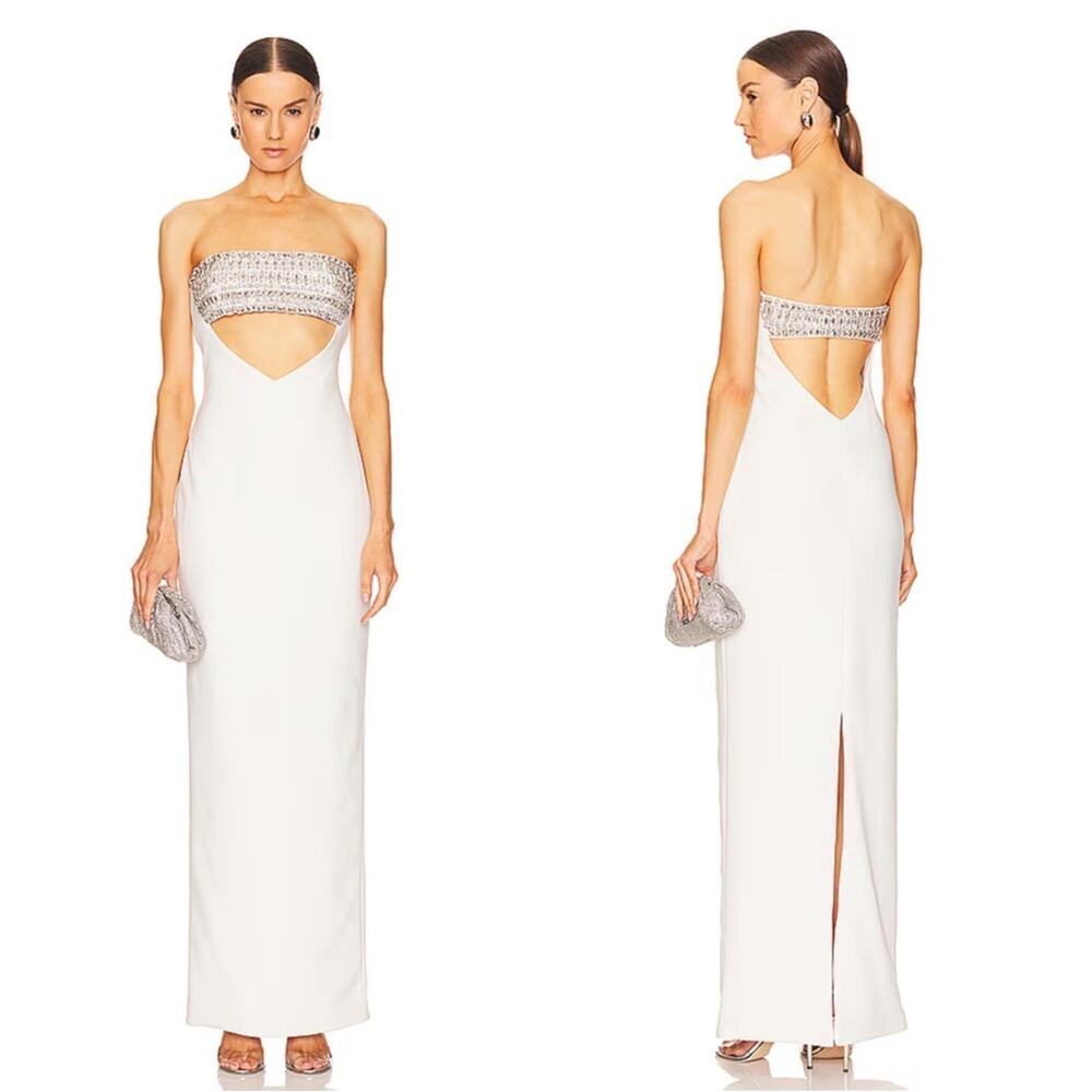 RETROFETE Swan Crystal Embellished Cutout Strapless White Maxi Dress Size Large